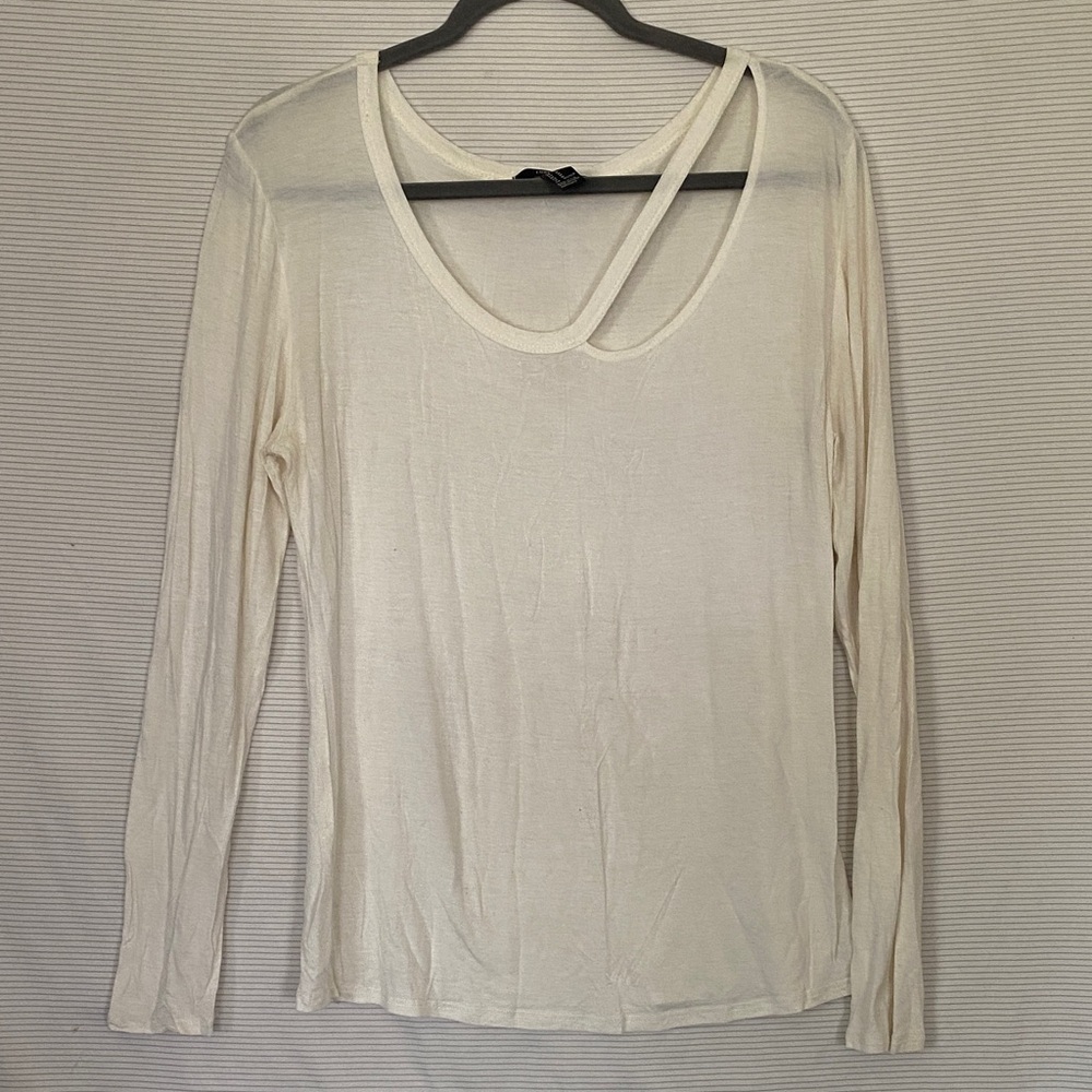 White Long-Sleeve Slit Neckline Women's Top